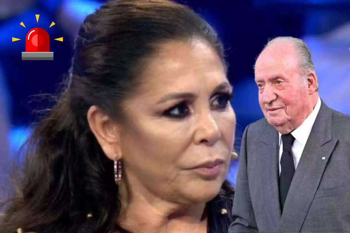 Isabel Pantoja con expresión seria y Juan Carlos I en traje aparecen en un montaje con un ícono de alarma roja en el fondo.