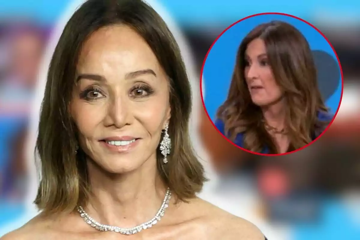 Isabel Preysler with jewelry smiles while Laura Fa appears in a circular inset in the background.