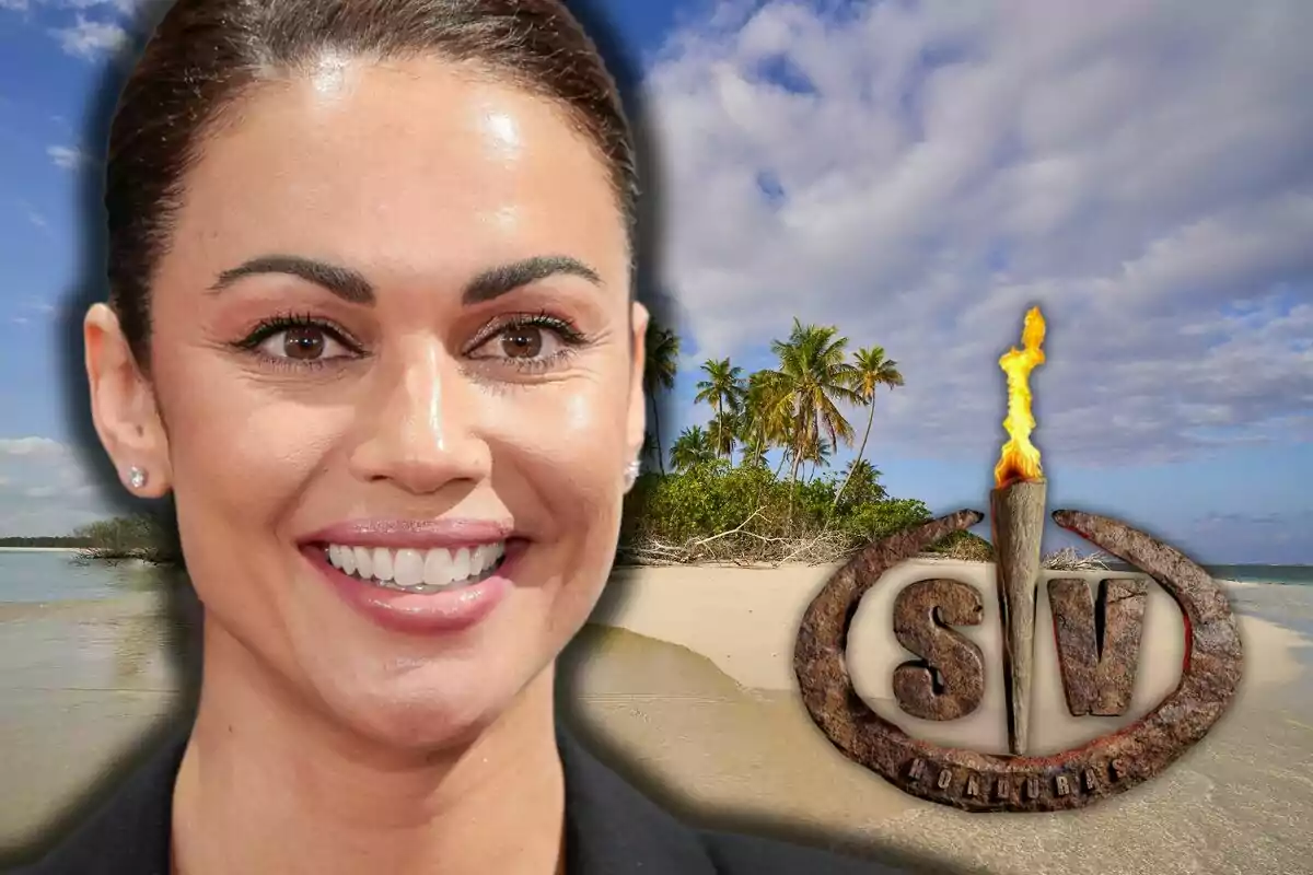 Lara Álvarez smiling in the foreground with a beach and palm trees in the background, next to a logo with a torch.