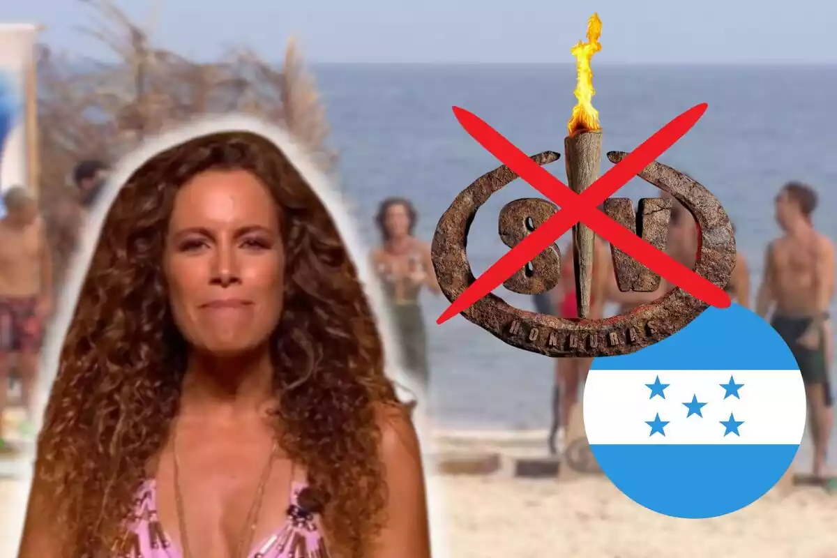 Montaje de la isla de 'Supervivientes', Laura Madrueño con los labios apretados, el logo del programa con una cruz roja encima y la bandera de Honduras