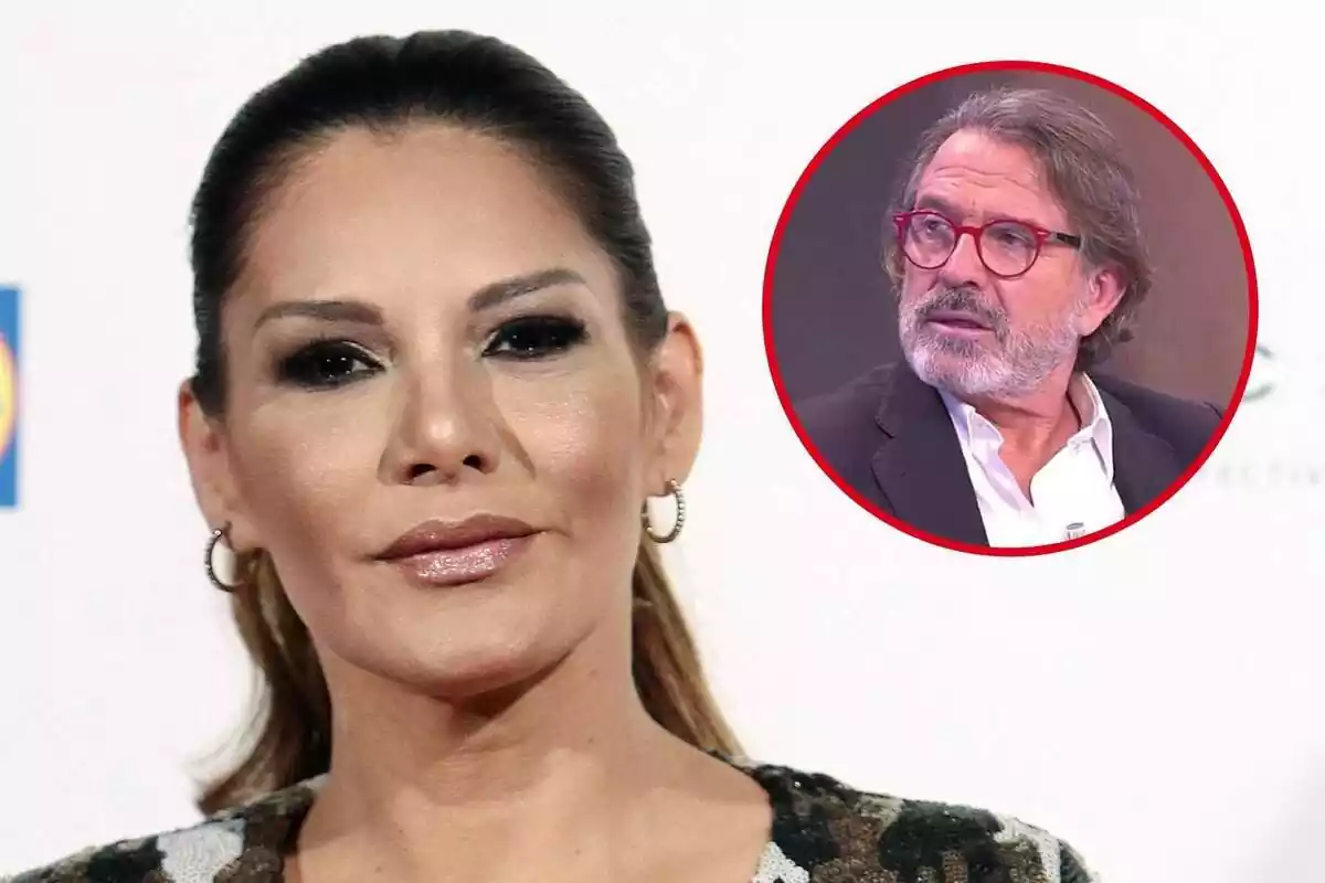 Montaje de Ivonne Reyes con rostro neutro, el pelo recogido y pendientes de aro y Pepe Navarro serio con gafas rojas