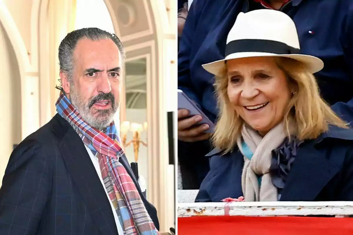 Jaime de Marichalar and Infanta Elena posing in different settings, one with a scarf and the other with a hat. Jaime de Marichalar and Infanta Elena posing in different settings, one with a scarf and the other with a hat.