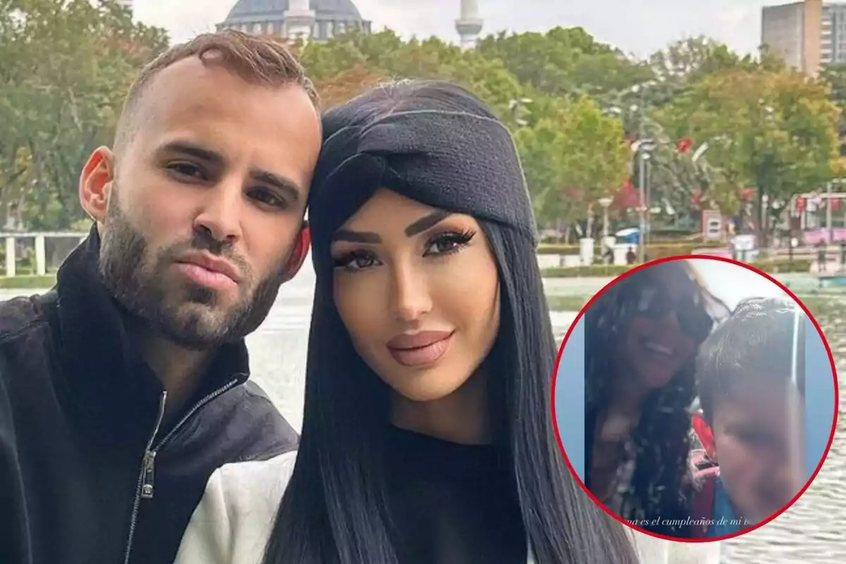 Jesé Rodríguez y Aurah Ruiz posando al aire libre con un recuadro que muestra una imagen borrosa de Aurah y Nyan.