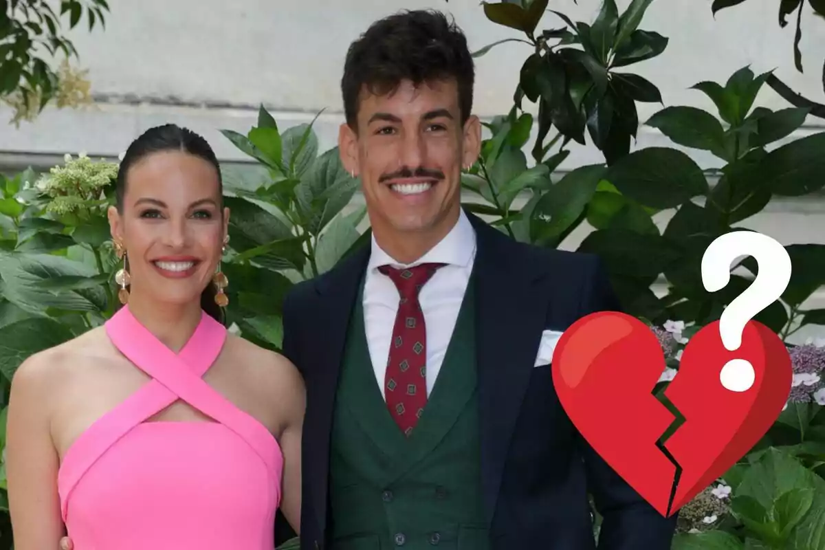 Jessica Bueno y Luitingo sonriente posando juntos, con un corazón roto y un signo de interrogación superpuestos en la imagen.