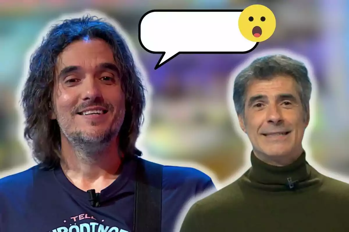 Joaquín Padilla y Jorge Fernández sonríen frente a un fondo colorido, con un globo de diálogo vacío y un emoji sorprendido encima.