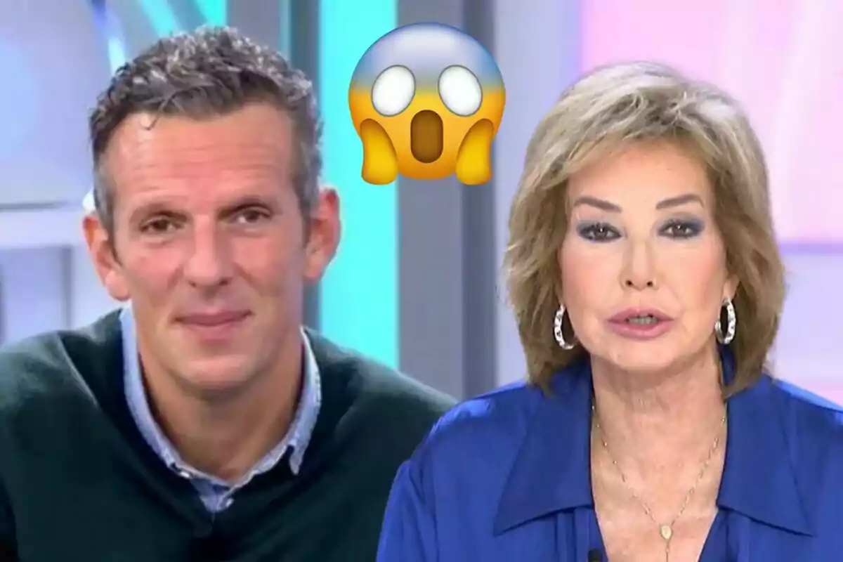 Joaquín Prat and Ana Rosa Quintana on a television set with a surprised emoji floating between them.