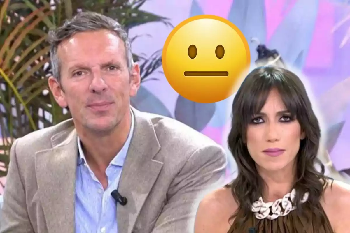 Joaquín Prat y Patricia Pardo en un set de televisión con un emoji de expresión neutral superpuesto.