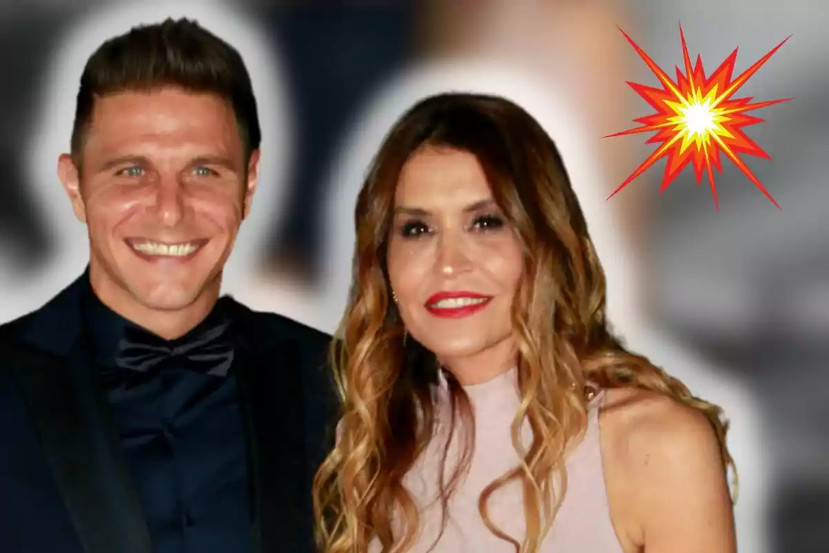 Joaquín Sánchez and Susana Saborido smiling while posing together at a formal event with a blurred background and a burst graphic in the top right corner.