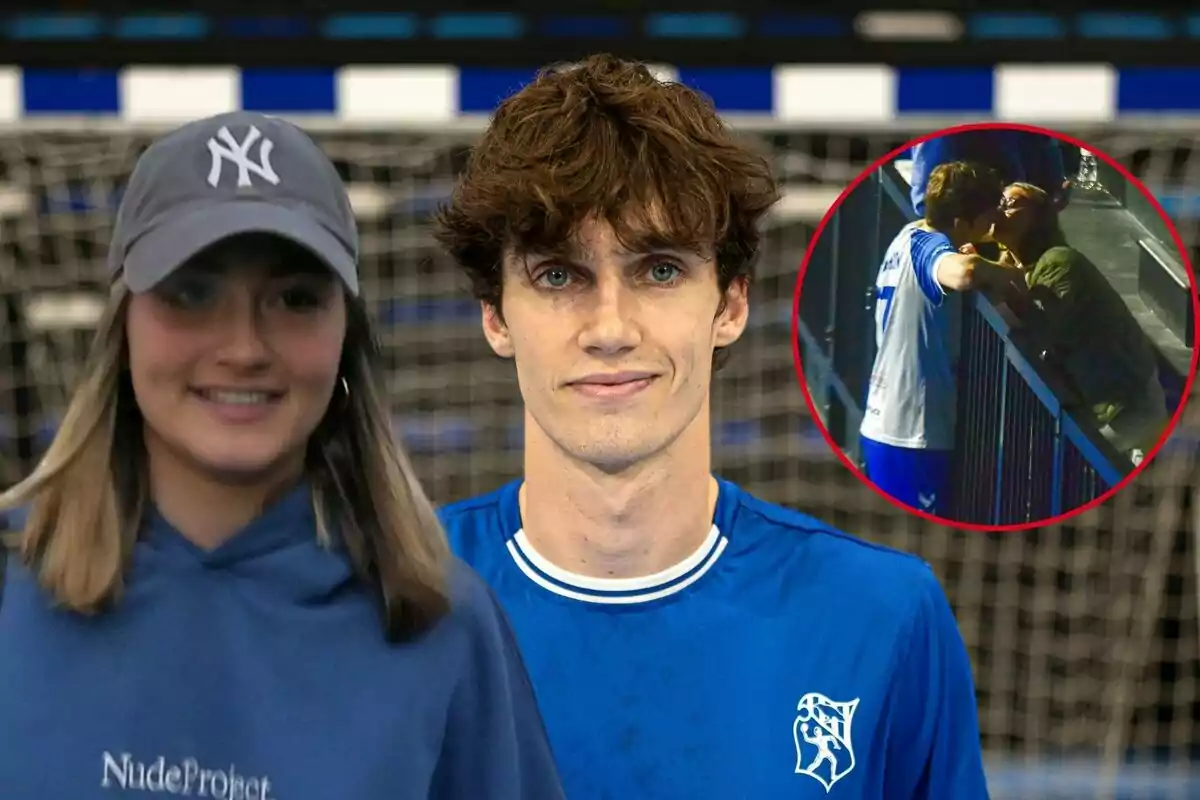 Johanna Zott con gorra y sudadera azul junto a Pablo Urdangarin con camiseta deportiva azul, con una imagen insertada de dos personas besándose cerca de una valla.