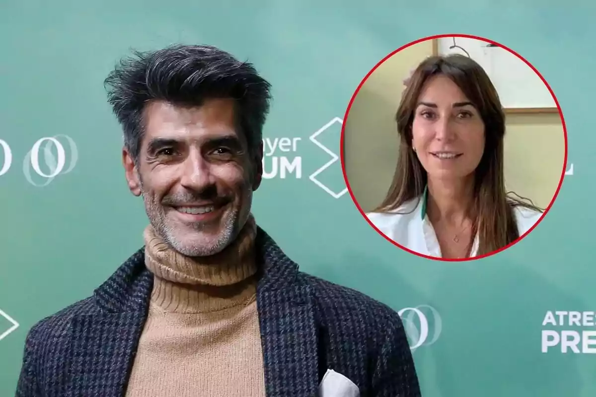 Jorge Fernández sonriente con barba y cabello oscuro viste un suéter de cuello alto y una chaqueta a cuadros, al fondo hay un fondo verde con texto borroso, en la esquina superior derecha hay un círculo rojo con la imagen de Nora Arístegui de cabello largo y oscuro que lleva una bata blanca.