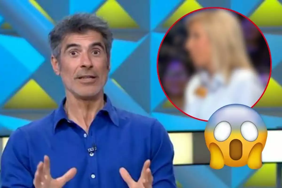 Jorge Fernández con camisa azul parece sorprendido mientras un emoji de cara asombrada y un círculo con una imagen borrosa de una persona rubia aparecen en la esquina.