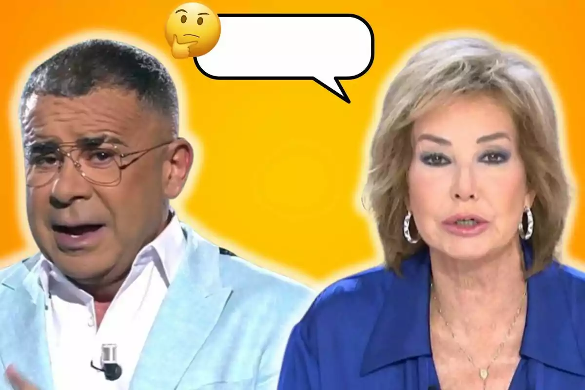 Jorge Javier Vázquez and Ana Rosa Quintana on an orange background with an empty speech bubble and a thinking emoji.