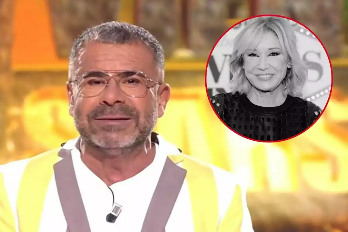 Jorge Javier Vázquez con gafas y barba en un estudio de televisión con una imagen en blanco y negro de Mila Ximénez en un círculo rojo en la esquina superior derecha.