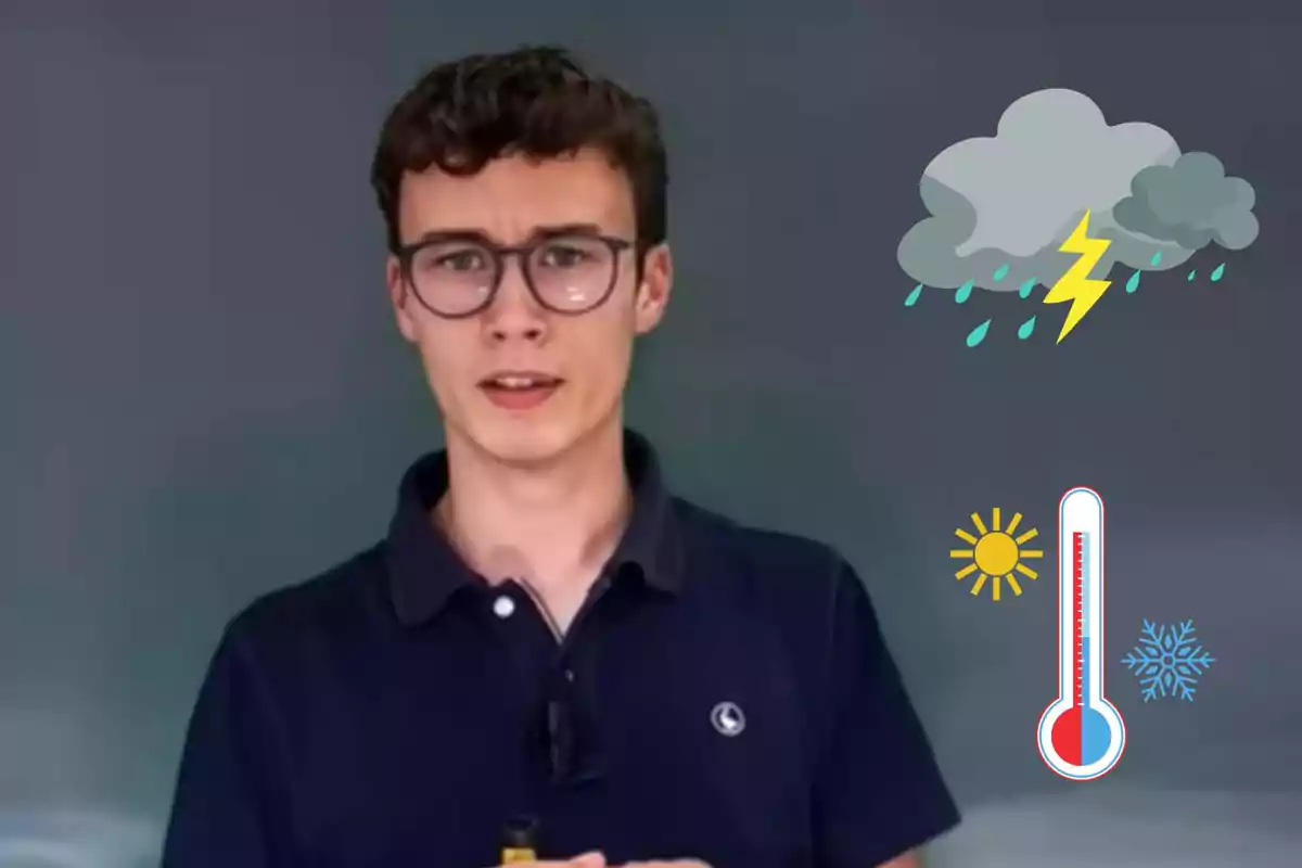 Jorge Rey con gafas y camisa oscura aparece frente a un fondo gris con ilustraciones de nubes de tormenta y un termómetro.