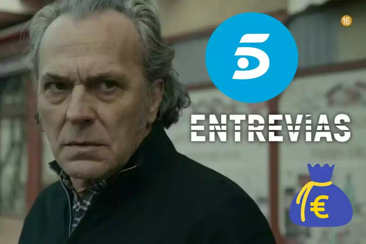 José Coronado de cabello canoso con expresión seria aparece junto al logo de un canal de televisión y la palabra "Entrevías" con un icono de bolsa de dinero.