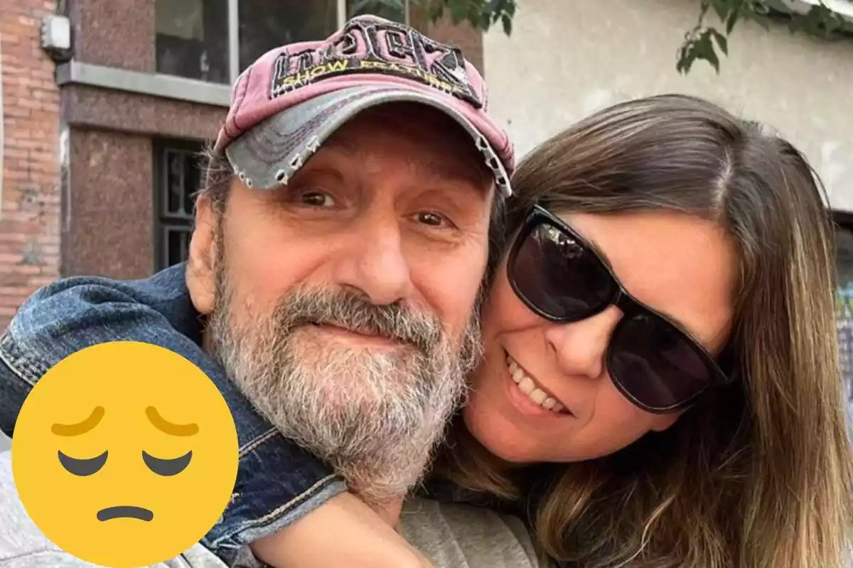 Montaje con José Luis Gil sonriendo con una gorra, Irene Gil sonriendo con gafas de sol y un emoji triste