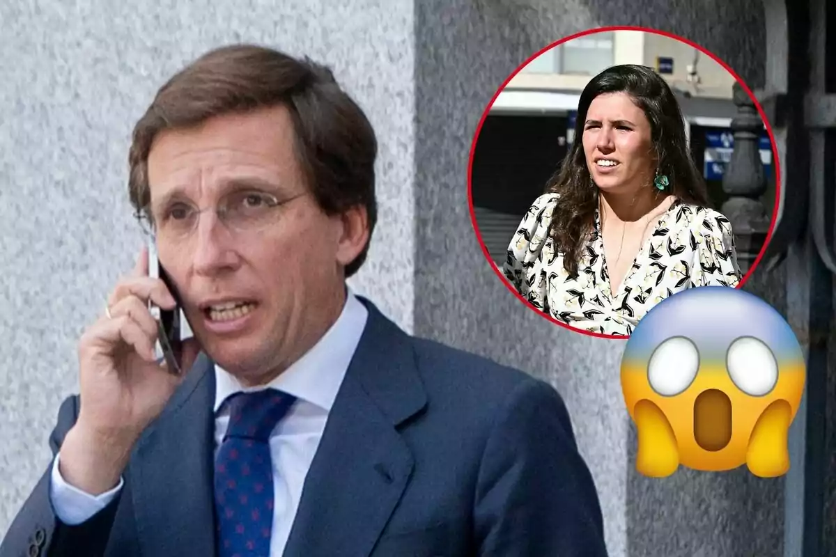 José Luis Martínez-Almeida con traje y corbata está hablando por teléfono, mientras que en la esquina superior derecha hay un círculo rojo con la imagen de Teresa Urquijo y un emoji de cara sorprendida.