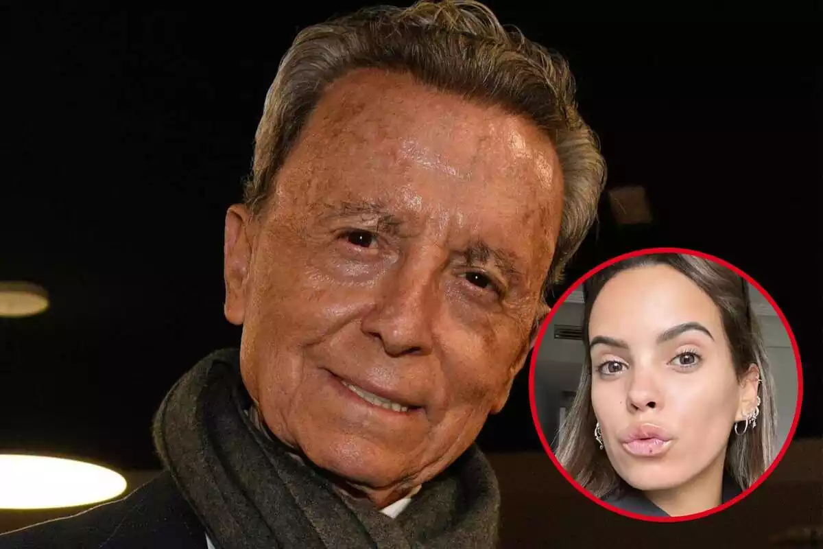 Montaje con un primer plano de José Ortega Cano sonriendo y Gloria Camila Ortega sacando labios con un herpes