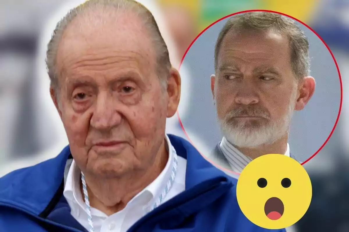 Juan Carlos I con expresión seria en primer plano y Felipe VI con barba en un círculo rojo en el fondo junto a un emoji sorprendido.