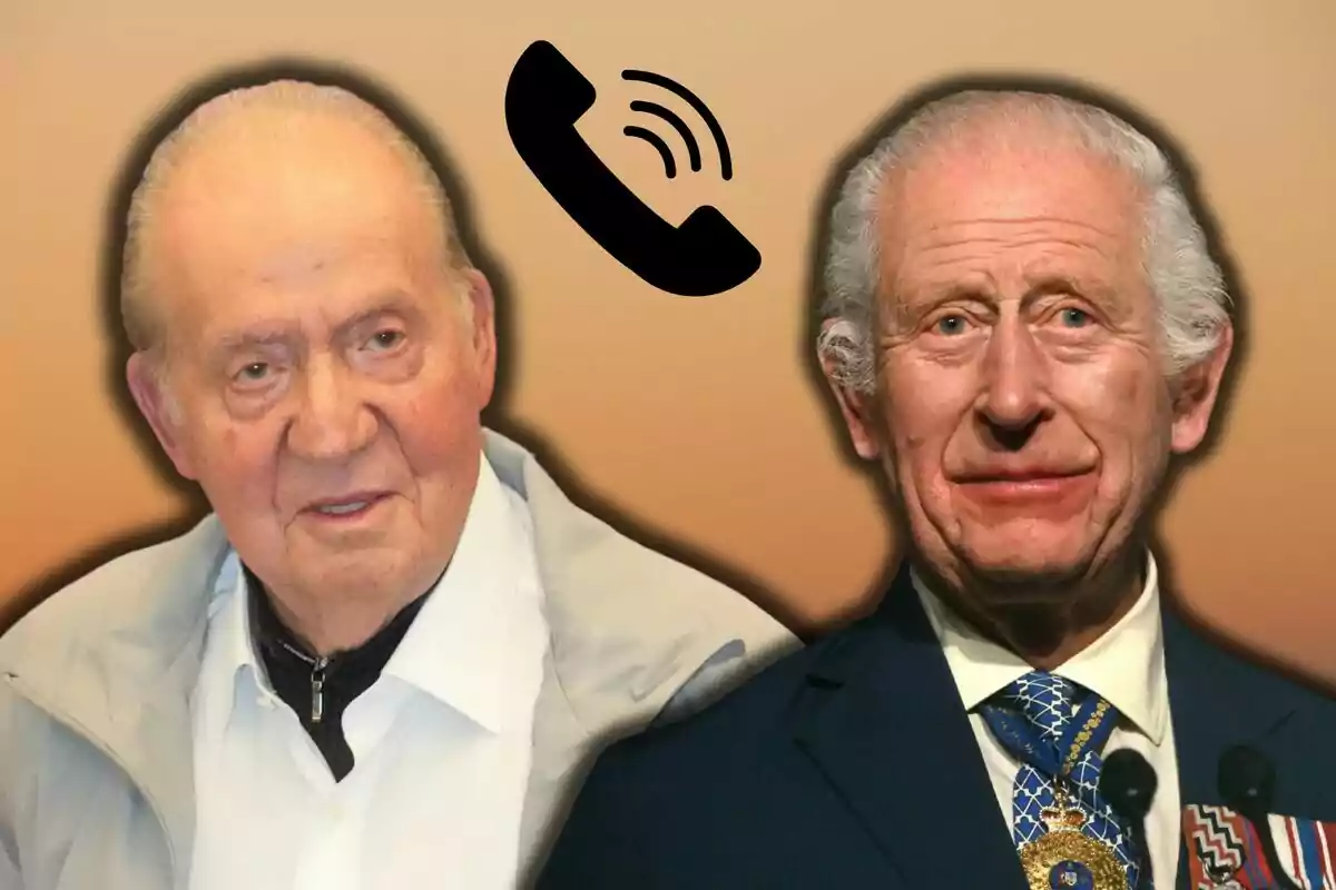 Juan Carlos I y Carlos III con un ícono de teléfono entre ellos sobre un fondo degradado.