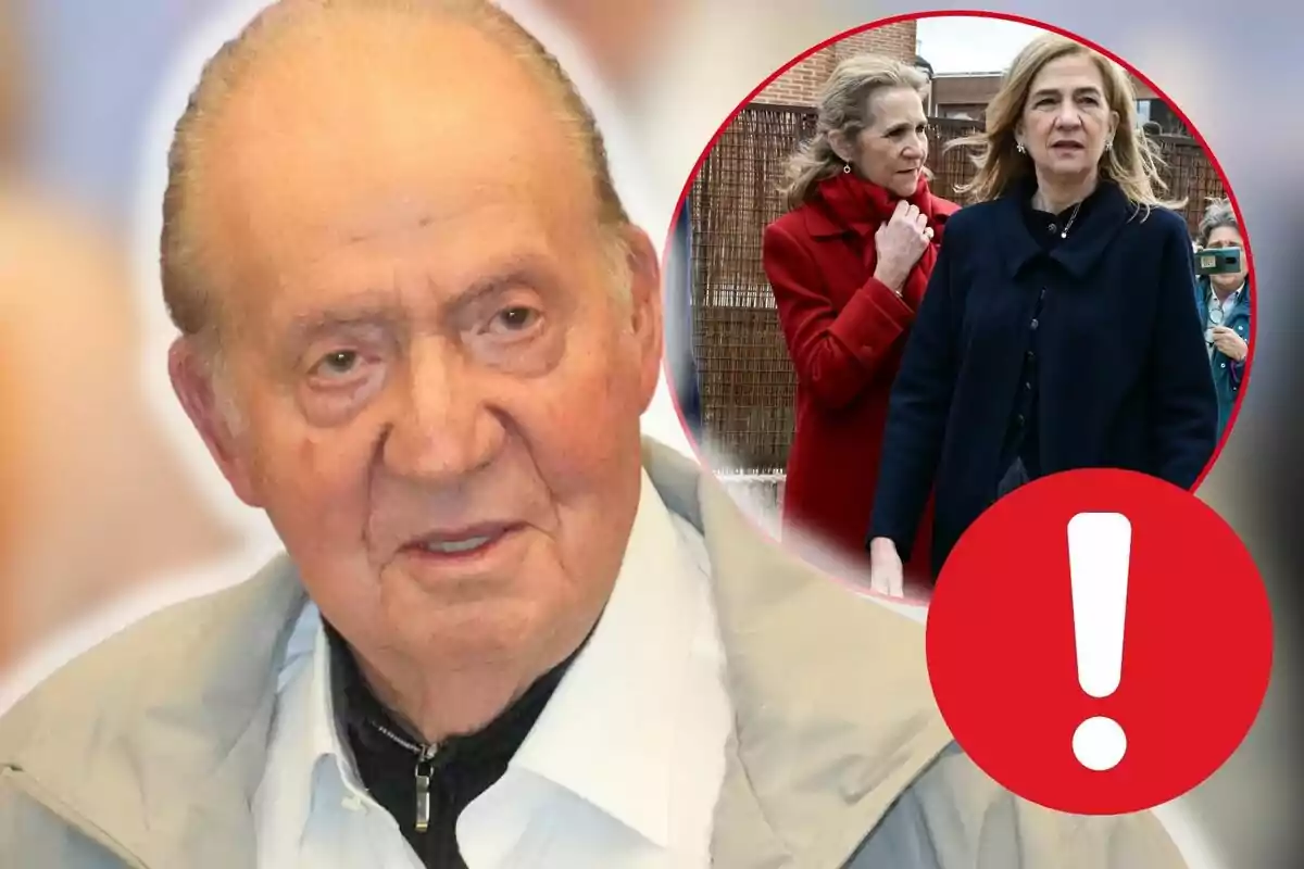 Juan Carlos I wearing a light jacket appears in the foreground while in a circle in the background you can see Infanta Elena and Infanta Cristina walking and a red exclamation mark.