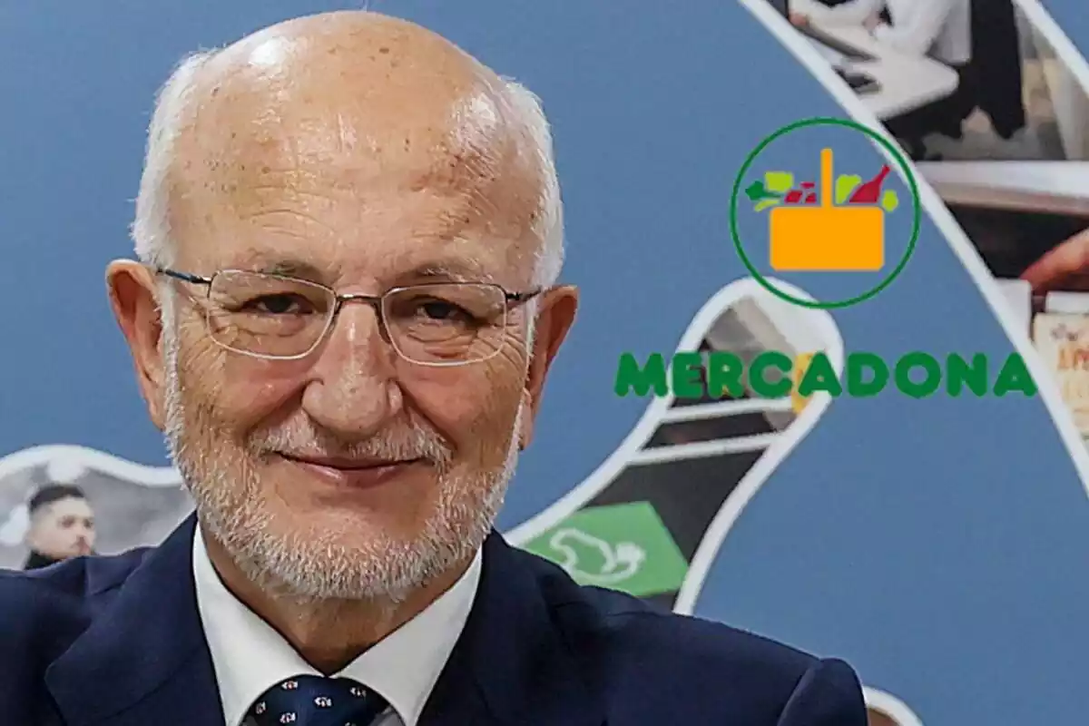 Montaje de un primer plano de Juan Roig sonriendo en un traje azul y el logo de Mercadona