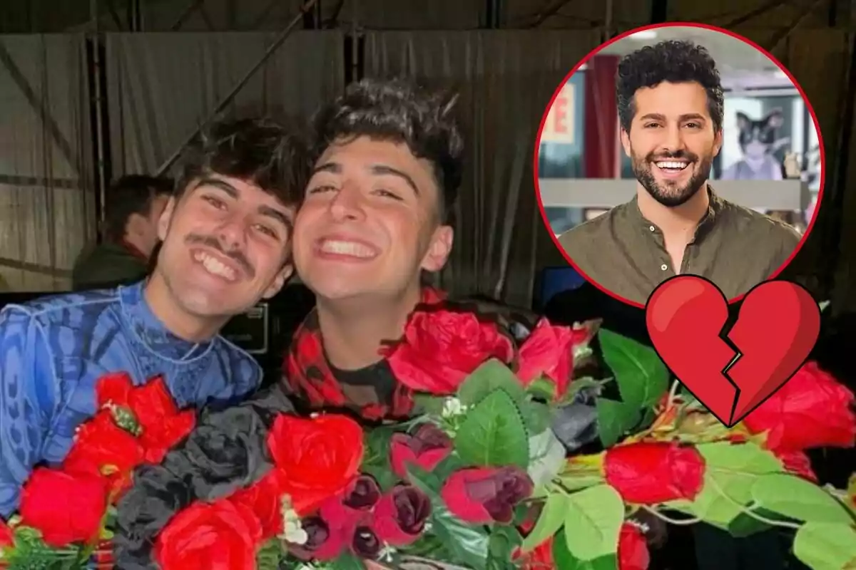 Juanjo Bona y Martín Urrutia sonríen mientras sostienen un ramo de rosas rojas, con un recuadro que muestra a Javier de Hoyos sonriendo y un emoji de corazón roto.