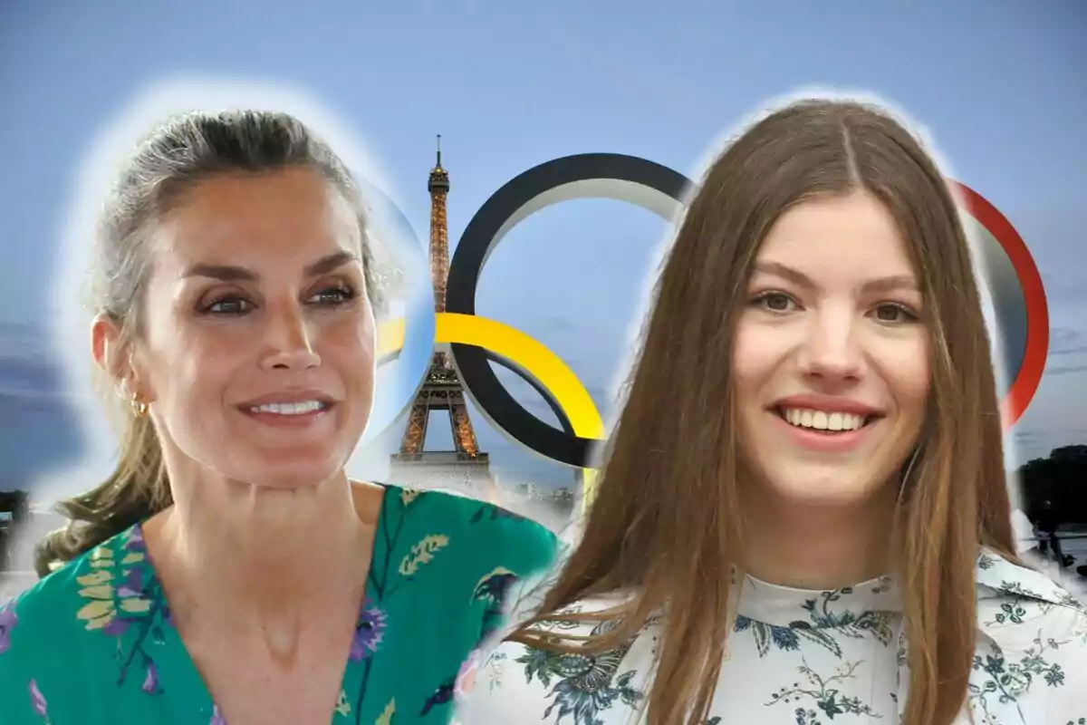 Letizia y la infanta Sofía sonrientes con la Torre Eiffel y los anillos olímpicos de fondo.