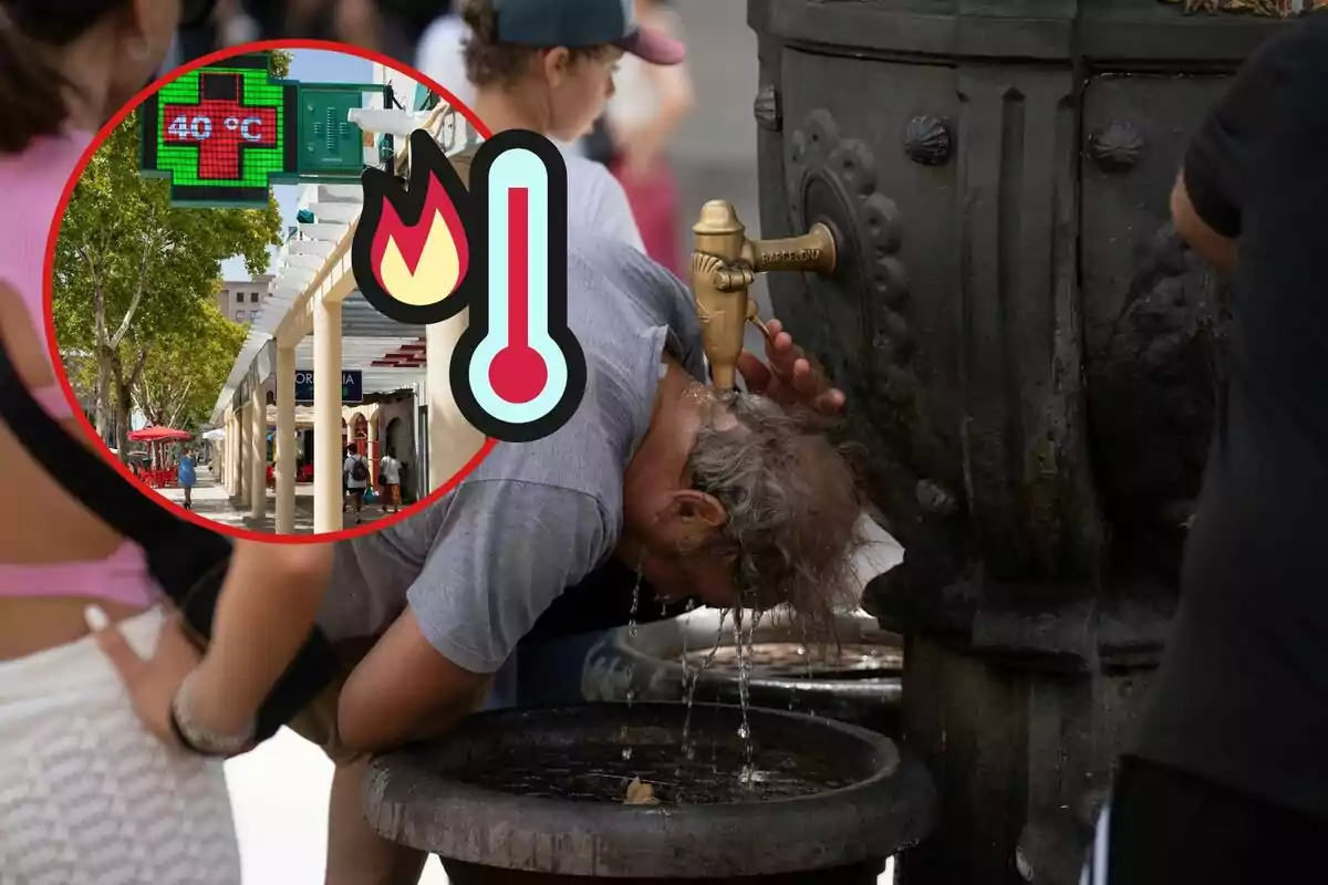 Un hombre se refresca en una fuente, y en el círculo, un termómetro marcando 40 grados