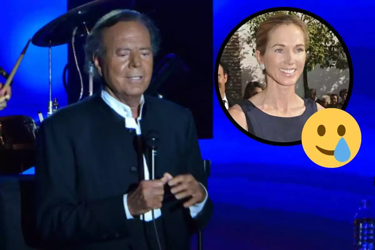 Julio Iglesias en un escenario con un micrófono y una imagen insertada de Miranda Rijnsburger sonriendo con un emoji de cara feliz con lágrima.