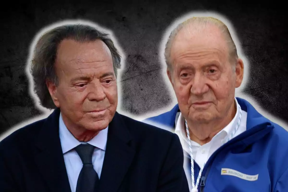 Julio Iglesias and Juan Carlos I with serious expressions appear in the foreground against a blurred dark background.