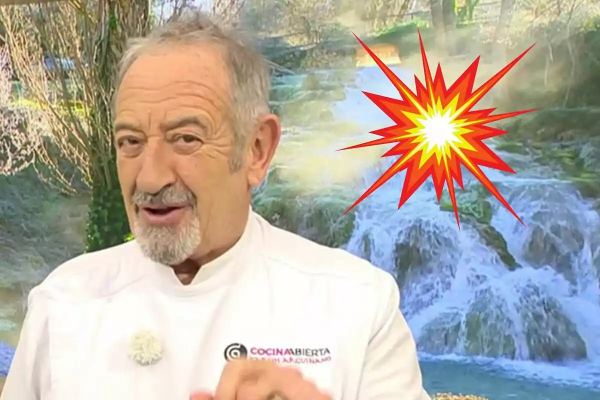 Karlos Arguiñano with a beard and mustache wears a white chef's jacket with a logo while standing in front of a waterfall background with a burst graphic on the right side.