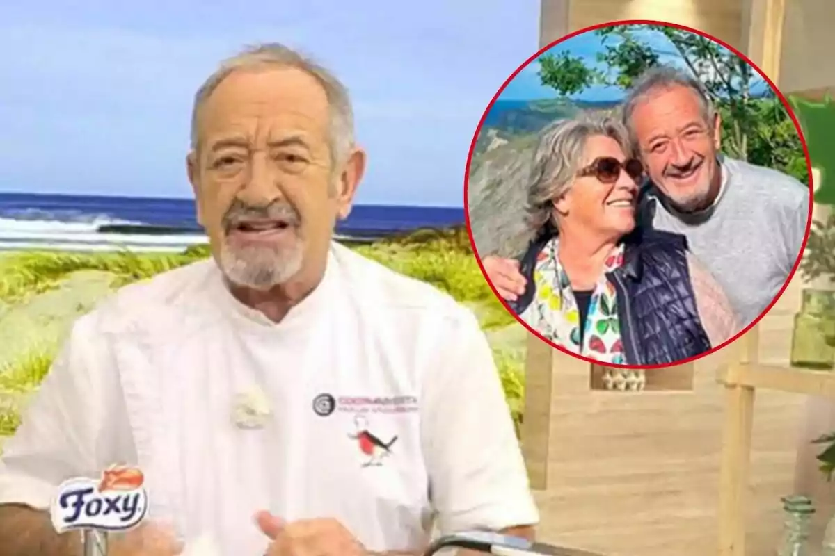 Karlos Arguiñano con barba y cabello canoso está en un programa de cocina, vistiendo un uniforme blanco, con una imagen circular en la esquina superior derecha que muestra a él y a Luisi Ameztoy sonriendo al aire libre.