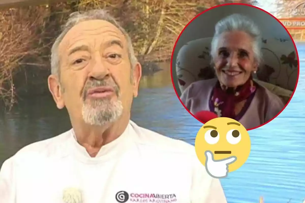 Karlos Arguiñano with a beard and mustache appears in the foreground with a natural landscape background, while in the upper right corner there is a red circle showing an older woman smiling and a thinking face emoji superimposed.