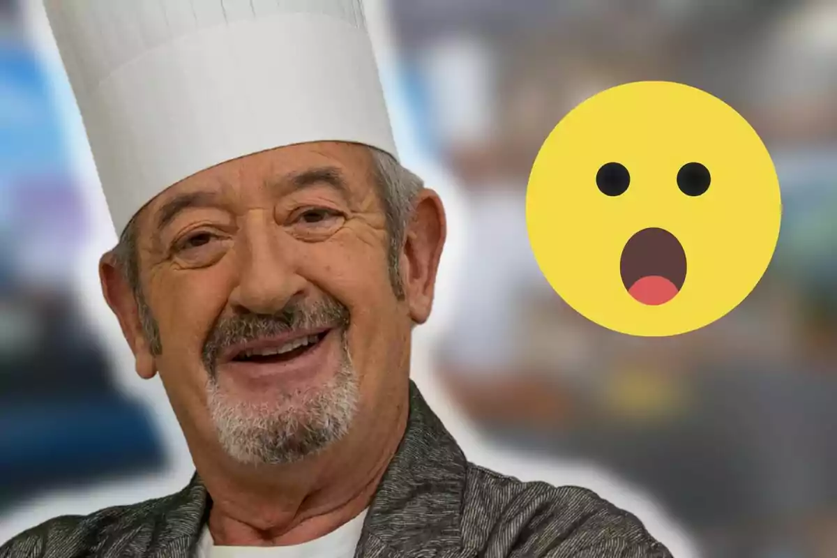 Karlos Arguiñano con gorro de chef sonríe mientras un emoji sorprendido aparece a su lado.