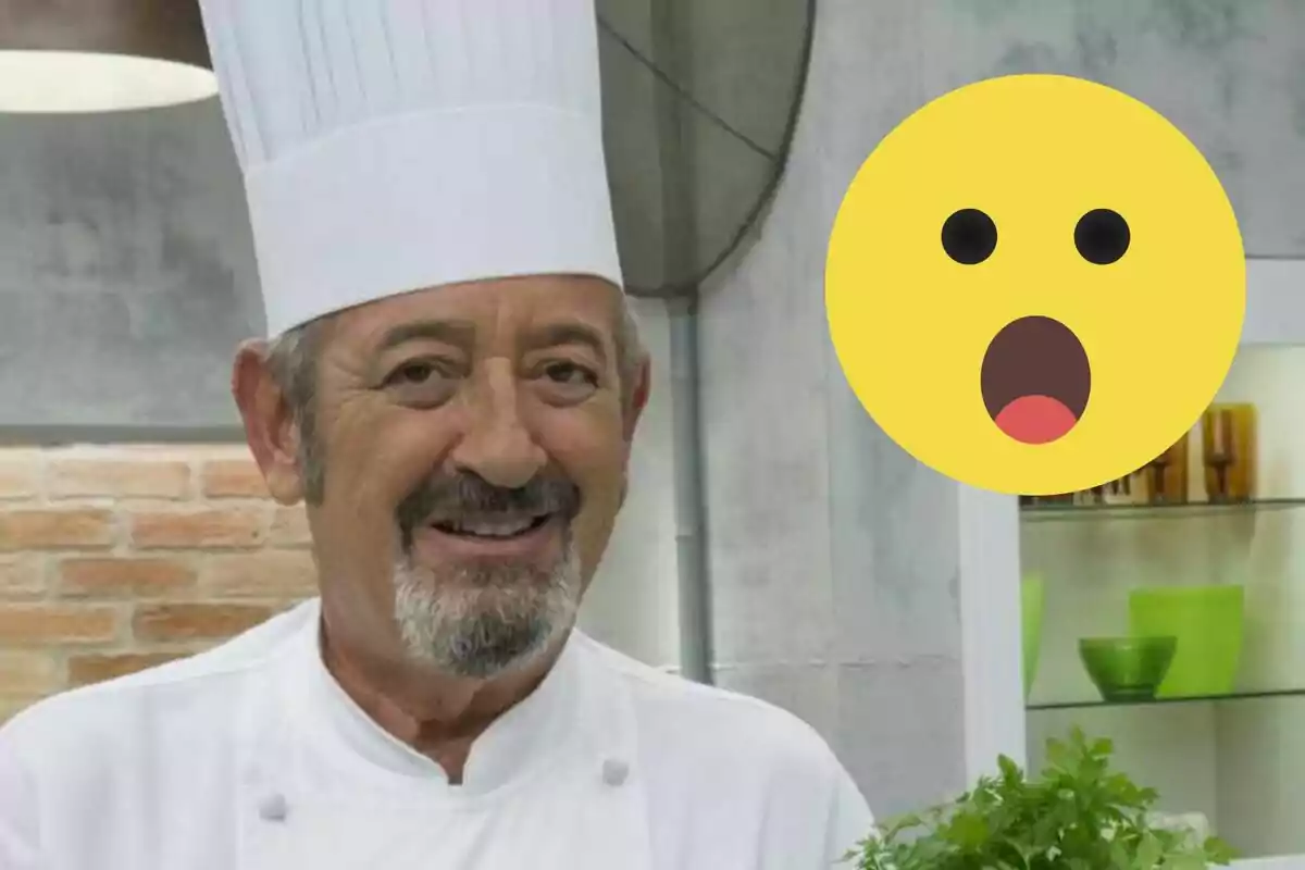 Karlos Arguiñano sonriente con un gorro de cocina blanco y un emoji sorprendido al lado.