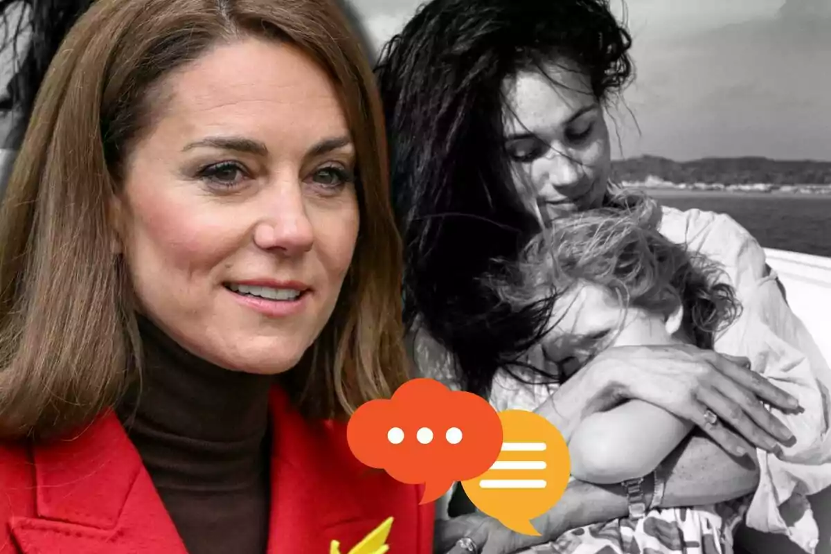 Kate Middleton con abrigo rojo aparece en primer plano mientras al fondo se observa una imagen en blanco y negro de Meghan Markle abrazando a Lilibet, con dos íconos de burbujas de diálogo superpuestos.