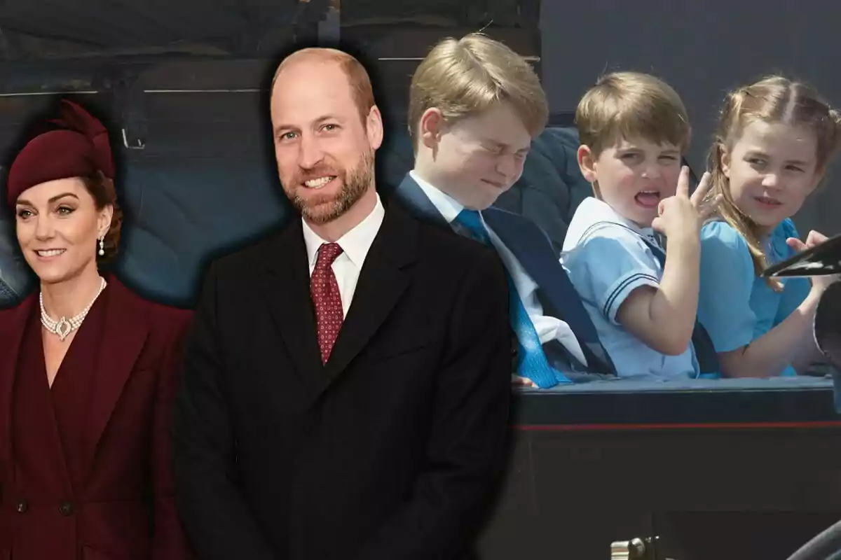 Kate Middleton and Prince William formally dressed pose in front of an image of George, Louis, and Charlotte in a carriage, where one of them makes a funny gesture.