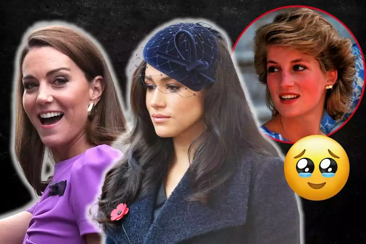 Kate Middleton, Meghan Markle, and Lady Di in the foreground with a dark background, one of them wearing a blue hat with a veil, there is a red circle with another woman in the background and an excited face emoji.