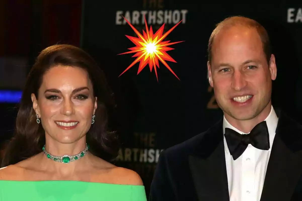 Kate Middleton and Prince William dressed in formal attire smile in front of a dark background with a burst graphic in the center.