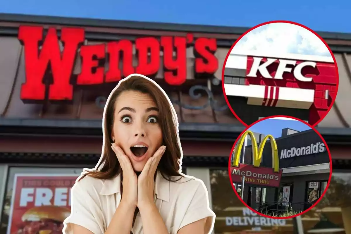 A woman with a surprised expression in front of a Wendy's restaurant with images of KFC and McDonald's in red circles.