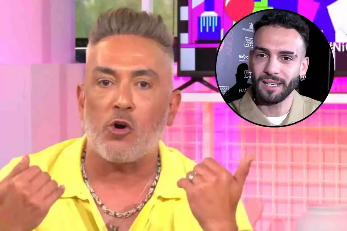 Kiko Hernández in a yellow jersey gestures while speaking on a television show, with an inset showing Manuel Bollo in the background.