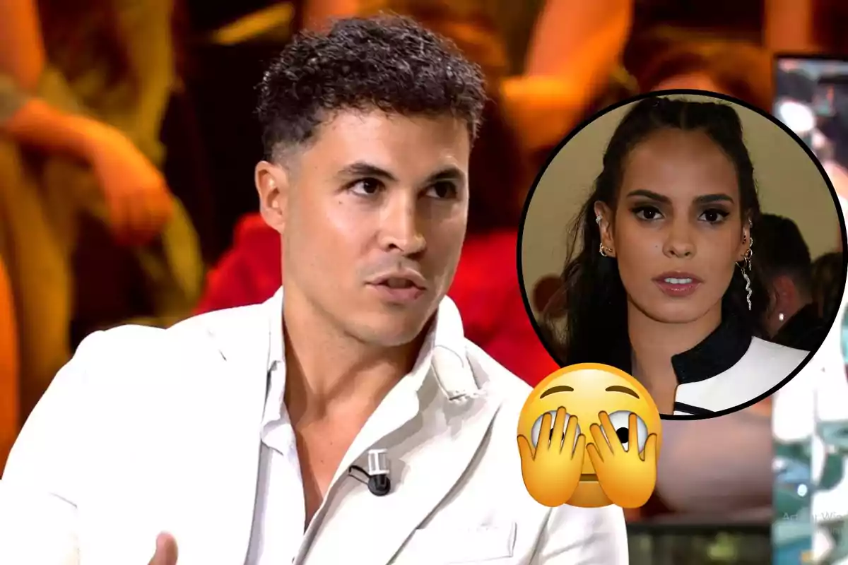 Montaje con Kiko Jiménez, con chaqueta blanca habla en un programa de televisión, mientras aparece un círculo con la imagen de Gloria Camila con cara seria y un emoji de manos cubriendo la cara.
