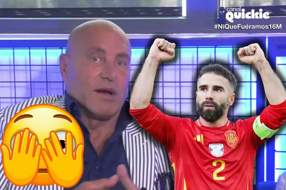 Kiko Matamoros con una chaqueta de rayas y una camisa azul aparece en 'Ni que fuéramos' con un emoji de cara sorprendida cubriendo parcialmente su rostro, mientras que a su lado hay Dani Carvajal con el uniforme de la selección española levantando los brazos en señal de victoria.