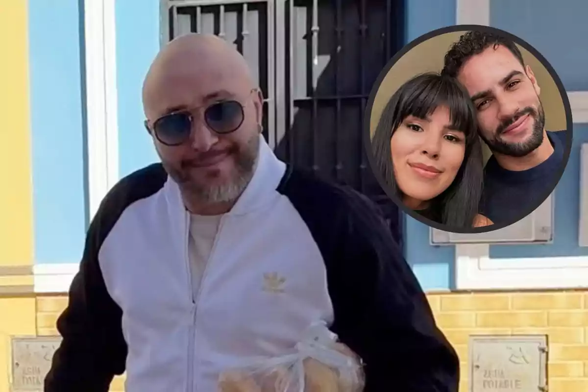 Montage with Kiko Rivera, wearing sunglasses and a white jacket holding a bag of bread, and Asraf Beno and Isa Pantoja, smiling inside a black circle.