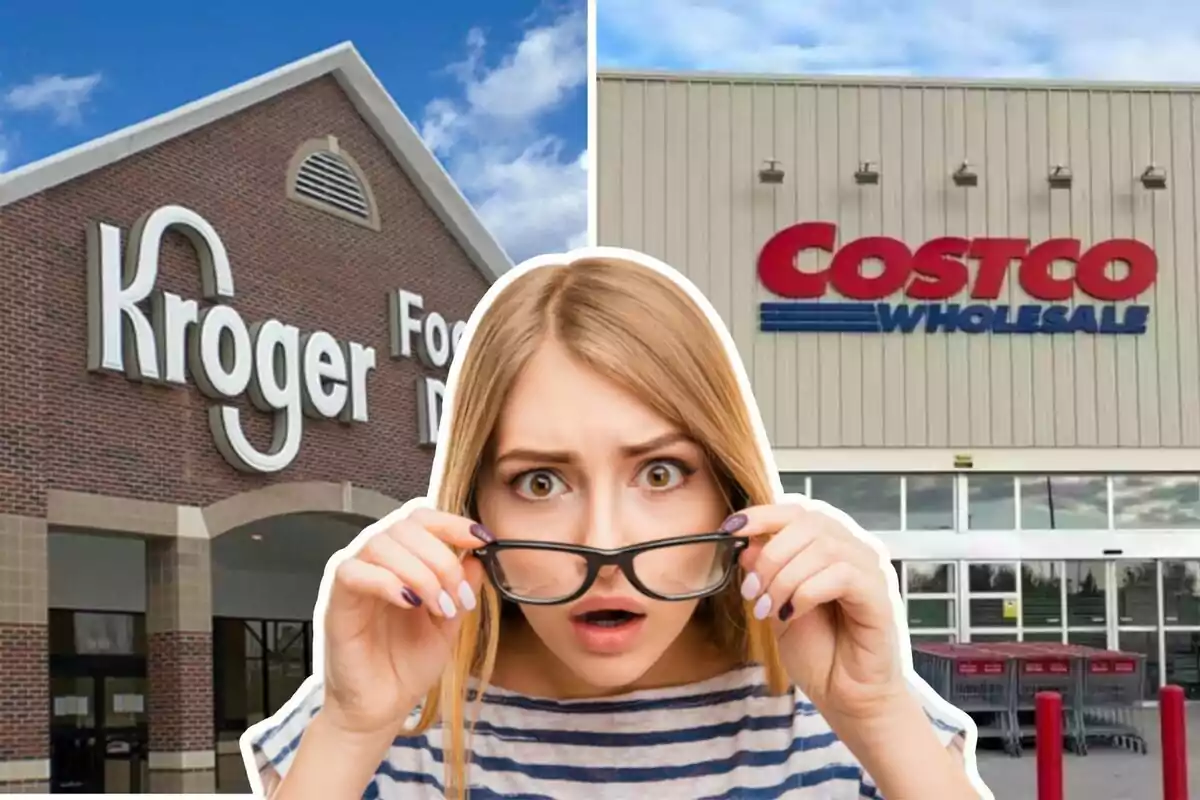 A person with a surprised expression holds their glasses in front of the buildings of two stores, one a Kroger and the other a Costco.