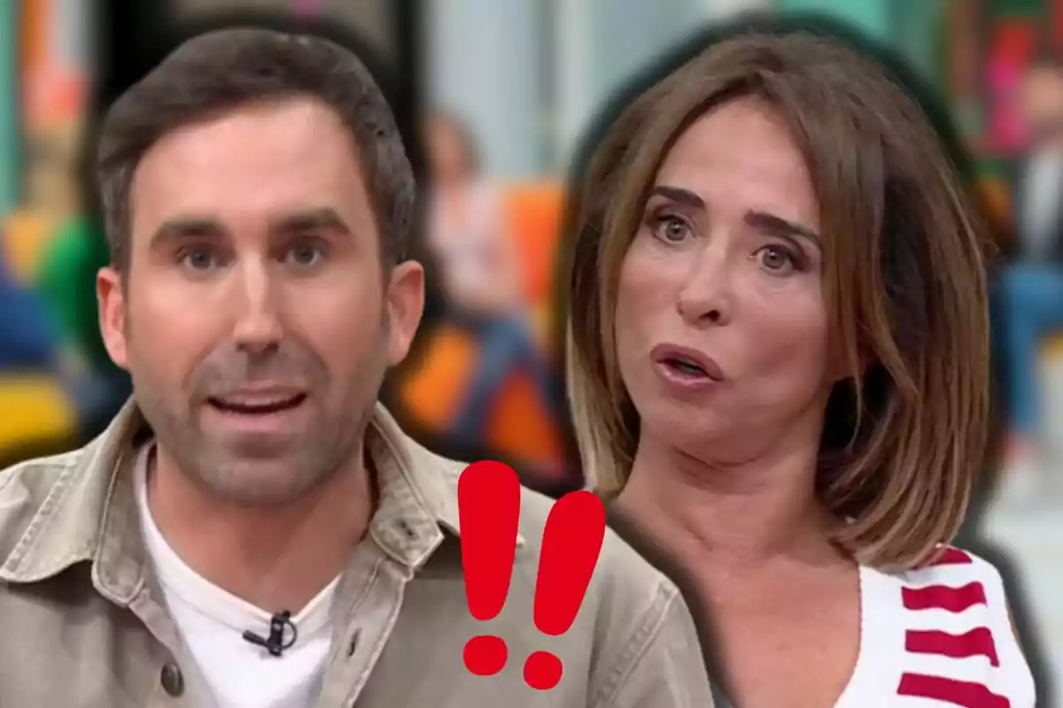 Aitor Albizua y María Patiño en un programa de televisión con un símbolo de exclamación rojo en primer plano.