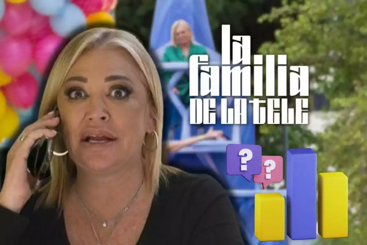 Belén Esteban hablando por teléfono con expresión sorprendida, fondo de globos de colores y gráficos de barras, texto "La familia de la tele".