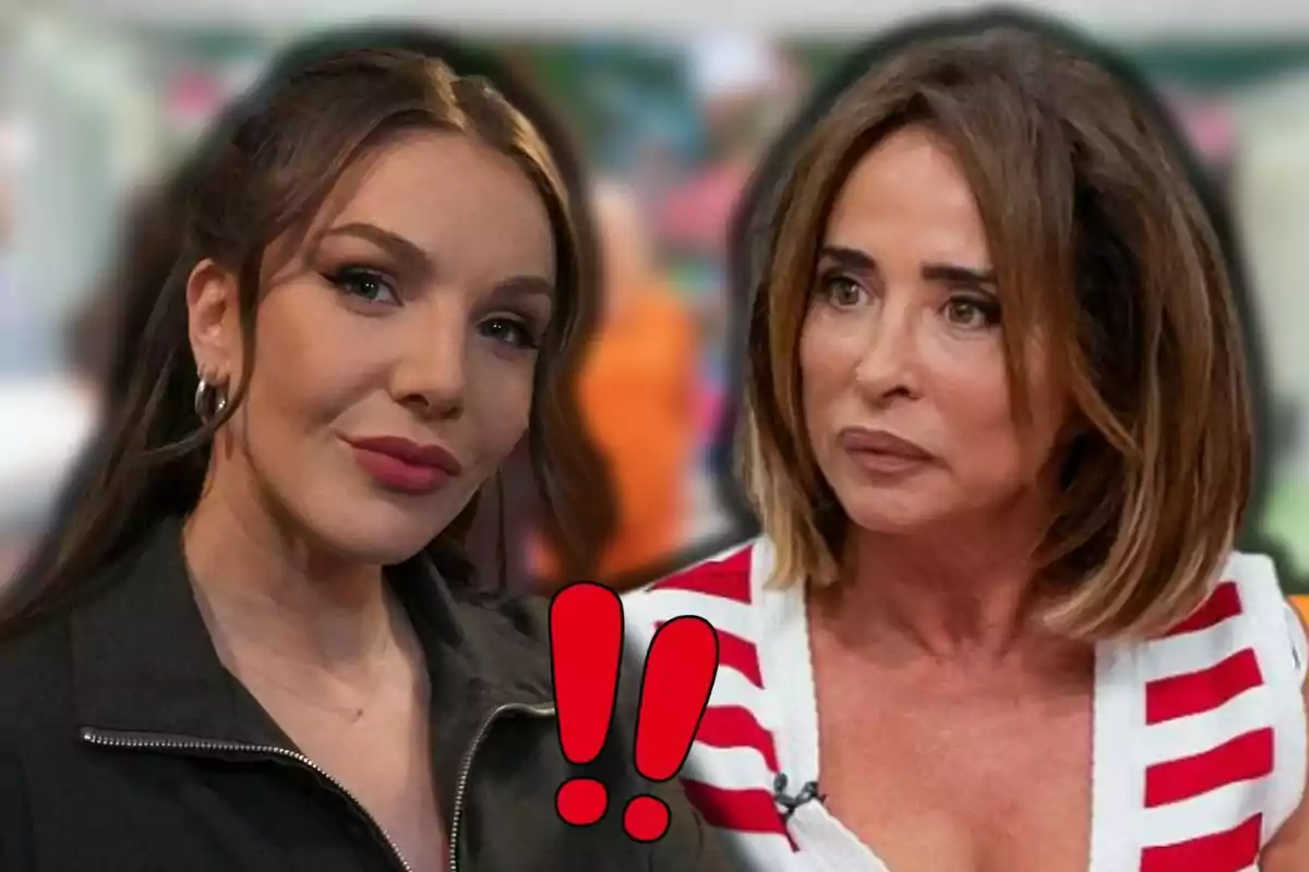 Inés Hernand y María Patiño miran hacia la cámara con un fondo desenfocado y un signo de exclamación rojo en el centro.