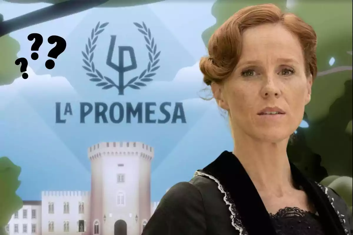 María Castro con cabello pelirrojo y expresión seria está frente a un fondo que muestra un edificio con una torre y el texto "La Promesa".